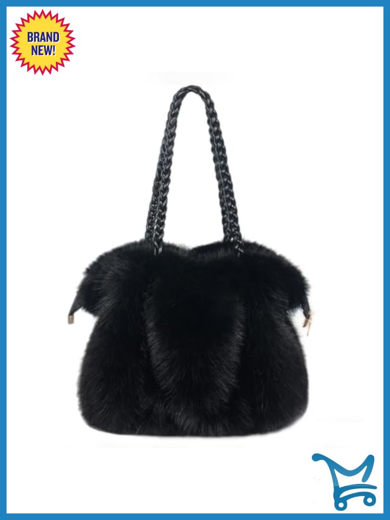 Faux Fur Handbag, Soft Fluffy Winter Purse With Braided Top Handle And Zipper